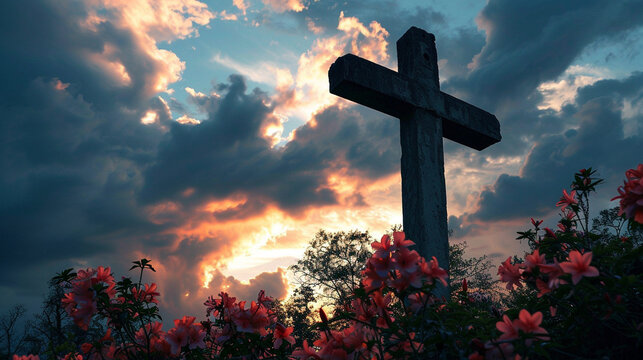 Calvary's Shadowed Silhouette:  A powerful image of the cross at Calvary, silhouetted against a darkened sky, symbolizing the solemnity of Good Friday