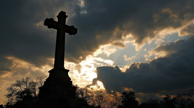 Calvary's Shadowed Silhouette:  A powerful image of the cross at Calvary, silhouetted against a darkened sky, symbolizing the solemnity of Good Friday