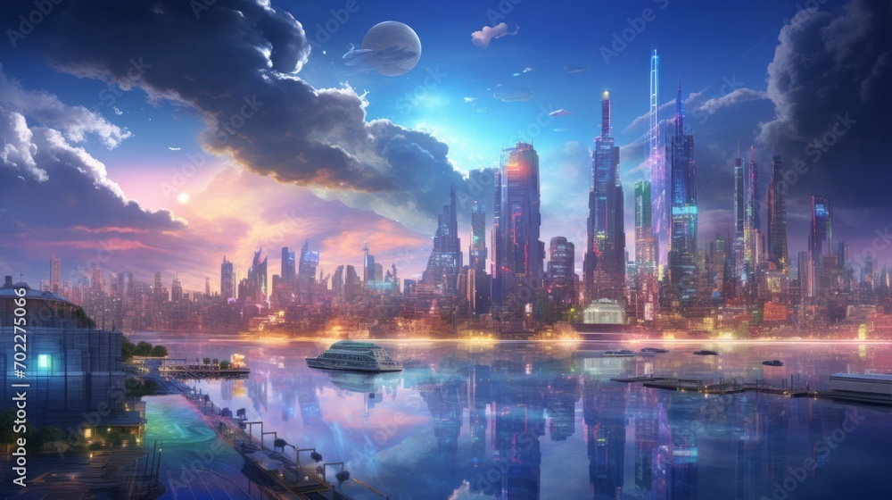Poster a digital painting of a city skyline filled with holographic projections, advanced ai systems, and s