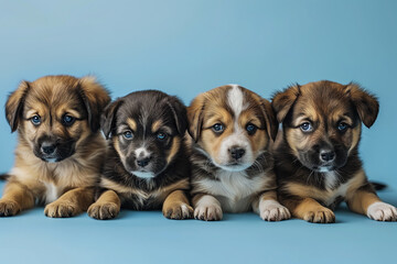 Group portrait of adorable puppies on blue background