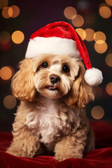 New Year's beautiful dog in Santa's hat.