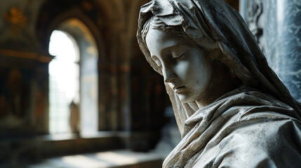 Mary's Veiled Statue:  A statue of Mary veiled in mourning, embodying the sorrow and reflection of Good Friday - obrazy, fototapety, plakaty