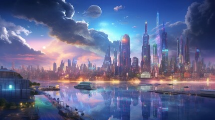 A digital painting of a city skyline filled with holographic projections, advanced AI systems, and sustainable infrastructure set against a vibrant atmosphere Generative AI