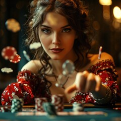 Obraz na płótnie Canvas Elegance at the table: a beautiful woman playing texas hold'em poker, style and confidence in the thrilling world of cards, chips, strategic gameplay, glamour meets the art of chance.