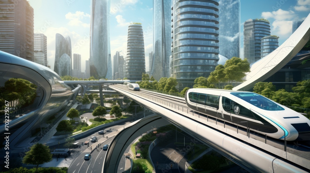 Poster A digitally simulated urban environment showcasing cutting-edge architecture, high-speed transit systems, and automated services in a sustainable city of tomorrow Generative AI