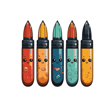 4 colors icon over a white background of a pens, , in children's cartoon style in illustration , stationery styled 