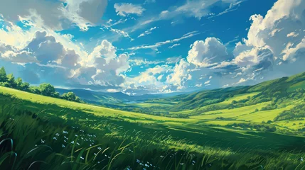 Fototapeten Beautiful Sunny Day in the Green Field, Day Sky Clouds Anime Background © RIZKI MAULANA