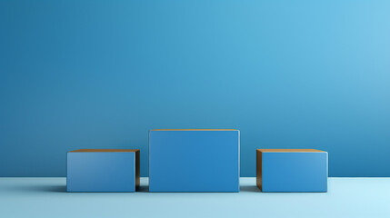 Empty Blue Cube Podium with Gold Square on Clean Background - Modern 3D Rendering for Product Presentation and Showcase Concept