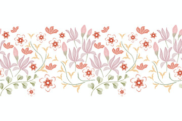 Spring Floral border pattern seamless paisley embroidery texture pink lily flower motifs. Ethnic traditional ikat style vector illustration design hand drawn .
