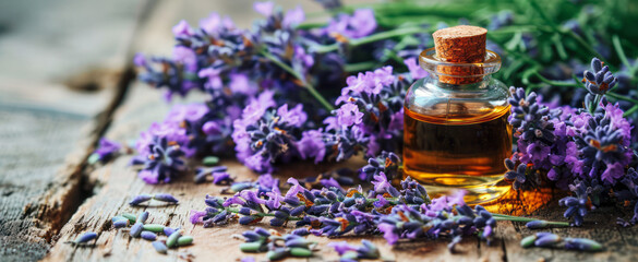 Obraz na płótnie Canvas Essential aromatic oil and lavender flowers, natural remedies, aromatherapy. The concept of tranquility, relaxation, and sleep.