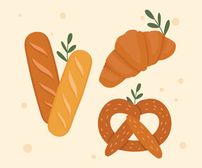 Bread and bakery vector design art. Cute icon of kinds of fresh tasty bread 