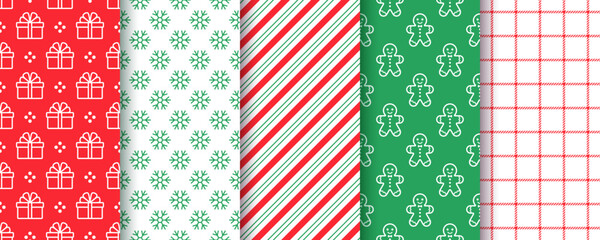 Christmas backgrounds. Seamless pattern. Set packing paper with candy cane stripes, snowflake, gingerbread man and present. Collection festive textures. Red green textile prints. Vector illustration