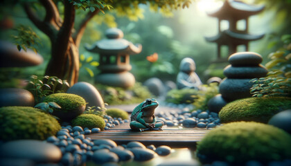 A frog in a peaceful, zen-like garden setting, depicted in a whimsical, animated art style. - obrazy, fototapety, plakaty
