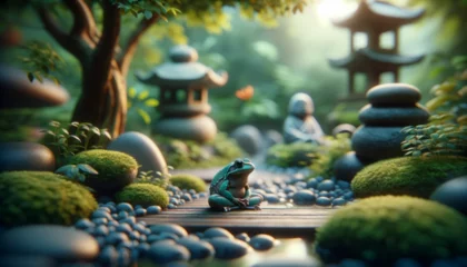 Deurstickers A frog in a peaceful, zen-like garden setting, depicted in a whimsical, animated art style. © FantasyLand86