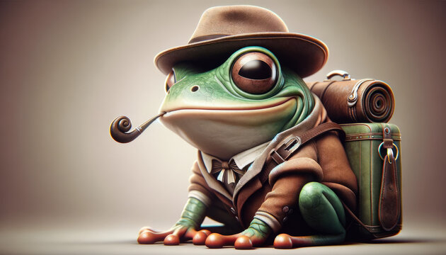A vintage style frog illustration, rendered in a whimsical, animated art style.