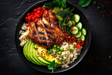 Grilled chicken, rice, spicy chickpeas, avocado, cabbage, pepper Buddha bowl on dark, top view
