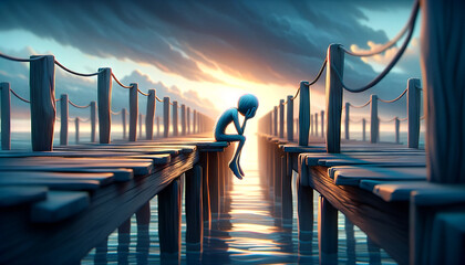 A whimsical animated art style depiction of a figure sitting at the end of a pier, head in hands. - obrazy, fototapety, plakaty