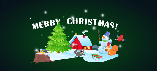 Merry Christmas sign banner green wood frame with empty space and festive decoration on green background. Christmas greeting card with Calligraphic Season Wishes and Composition of Festive Elements