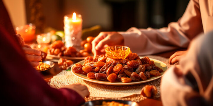 Crop photo - an oriental family at the table drinks tea with dried fruits and oriental sweets close-up