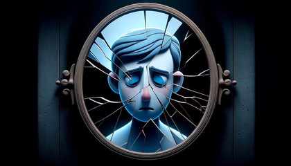 A whimsical animated art style depiction of a cracked mirror reflecting a somber face.