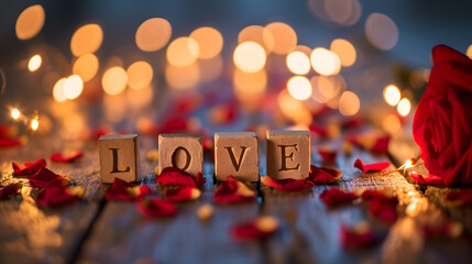 Love word concept wedding romantic valentines day wallpaper with blurred abstract background 