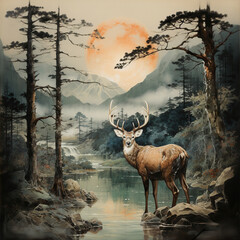 Mysterious Dawn: A Deer by a Lake in Tranquility Mountain, Watercolor Scene of Mountain and Forest with Lake and Deer