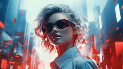 Double exposure image of a woman and modern city, copy space, copy space vaporwavemade of shiny rubber virtual reality, Grey blue background, future AI abstract