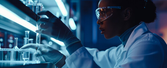 
A scientist manipulates test tubes in medical research, utilizing biotechnology for genome analysis and virus treatment. All depicted on a wide holographic banner. - obrazy, fototapety, plakaty