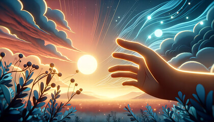A whimsical animated art style depiction of a hand reaching out towards a fading sunset. - obrazy, fototapety, plakaty
