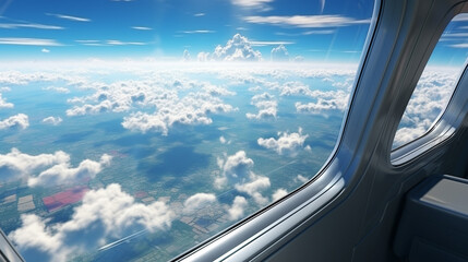 An airplane window with a sky view.
