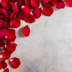 light background, red rose petals at the top left of the picture, lots of free space