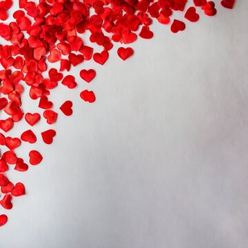 light background, many small red hearts at the top left of the picture, lots of free space