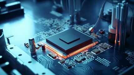 extreamly asemble Circuit Board with AI Acceleration Microchip sencor. Electronics device Manufacturing Facility or Factory.The technician laying the CPU chip in the motherboard's socket