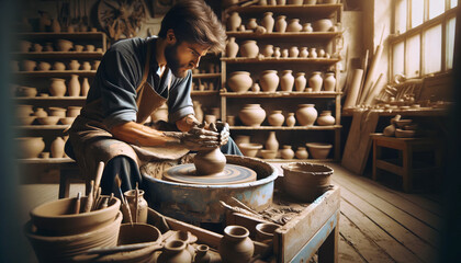 A potter shaping clay on a wheel in a rustic pottery studio.