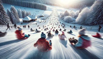 A captivating scene of a snowy hill with children sledding and having fun. - obrazy, fototapety, plakaty