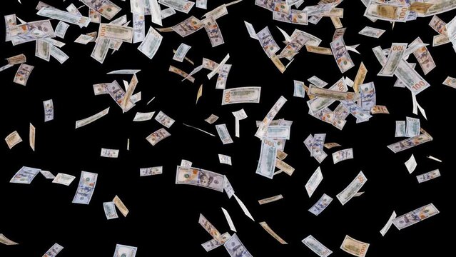 Money banknotes rain animation. Alpha channel PNG codec (only original 4K version) transparent background. Streamlabs OBS Overlay. Economy, winning prizes, making money, donations and wealth concept