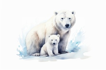 Fototapeta premium Polar bear with a bear cub, watercolor illustration on a white background. International Polar Bear Day Card