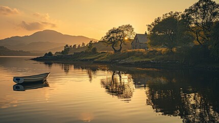 a lakeside retreat at dusk, where a solitary rowboat glides through the tranquil waters, mirroring...