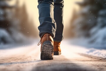 A man walks down a winter street at sunset, close-up of men's leather shoes with falling snowflakes.
