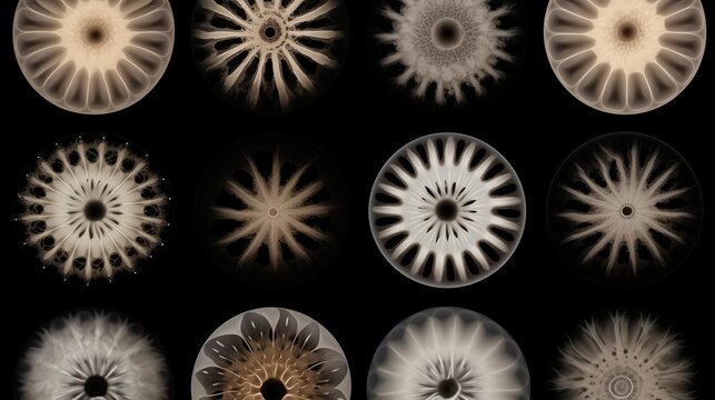 Abstract cymatic formations on black background. Experimental cymatics biomorphic shapes. 