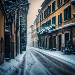 italy street , snowy street , snow in winter in italy street , italy traditional street , winter...