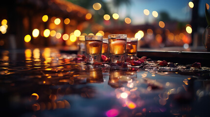 Bokeh Drink on a Table at a Beach Party, Illuminated by Night Lights, Reflecting the Concept of Vibrant Nightlife with Cocktails, Music, and Entertainment by the Shore