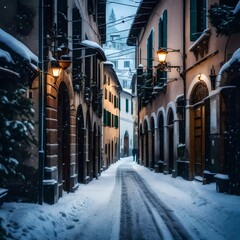 italy street , snowy street , snow in winter in italy street , italy traditional street , winter...