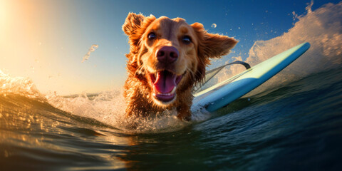 Happy dog surfing, concept of summer activities at sea, vacation - obrazy, fototapety, plakaty