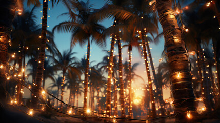 Palm Trees Adorned with Christmas Garlands and Fairy Lights, Illuminated by LED Light Bulbs Wrapped Around Their Trunks Against a Blue Night Sky, Creating a Unique Festive Atmosphere