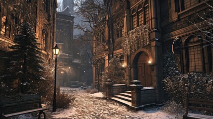 Obraz premium A secluded courtyard surrounded by medieval architecture, now blanketed in snow, with a solitary lamppost casting a warm glow on the frost-kissed cobblestones