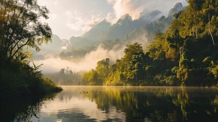 a secluded mountain lake at sunrise, surrounded by misty peaks and lush forests.