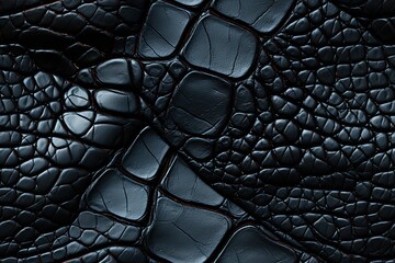 texture of black crocodile leather with seamless pattern. Genuine animal skin background - obrazy, fototapety, plakaty