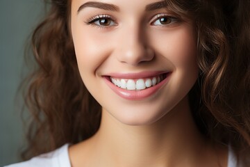 Fototapeta premium Young woman's perfect healthy tooth smile, Dentist, healthcare and veneers with a female indoor to show a happy smile at a mouth specialist. ai generative