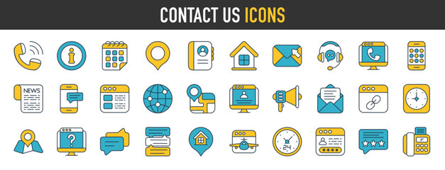 Contact us icons collection. Such as phone, email, address, website, home, location, email, review, call center service, customer support and chat icons. Solid icon set. Vector illustration